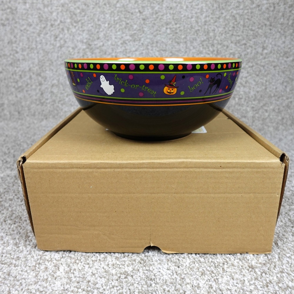 Longaberger 2008 Halloween Party Bowl Black Orange Purple Ceramic Pottery 31805